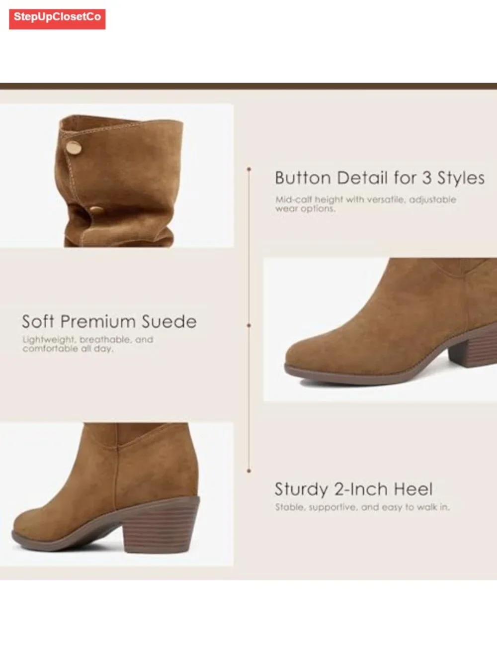 Women's Suede Mid-Calf Boots 3-Way Fold-Over Chunky Heel